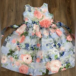 Jona Michelle Light Blue and Coral Floral Organza Party Dress